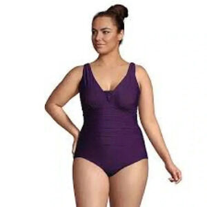Lands End Slender Suit V-neck Ruched Deep Purple Size 16 Vacation Plus Size